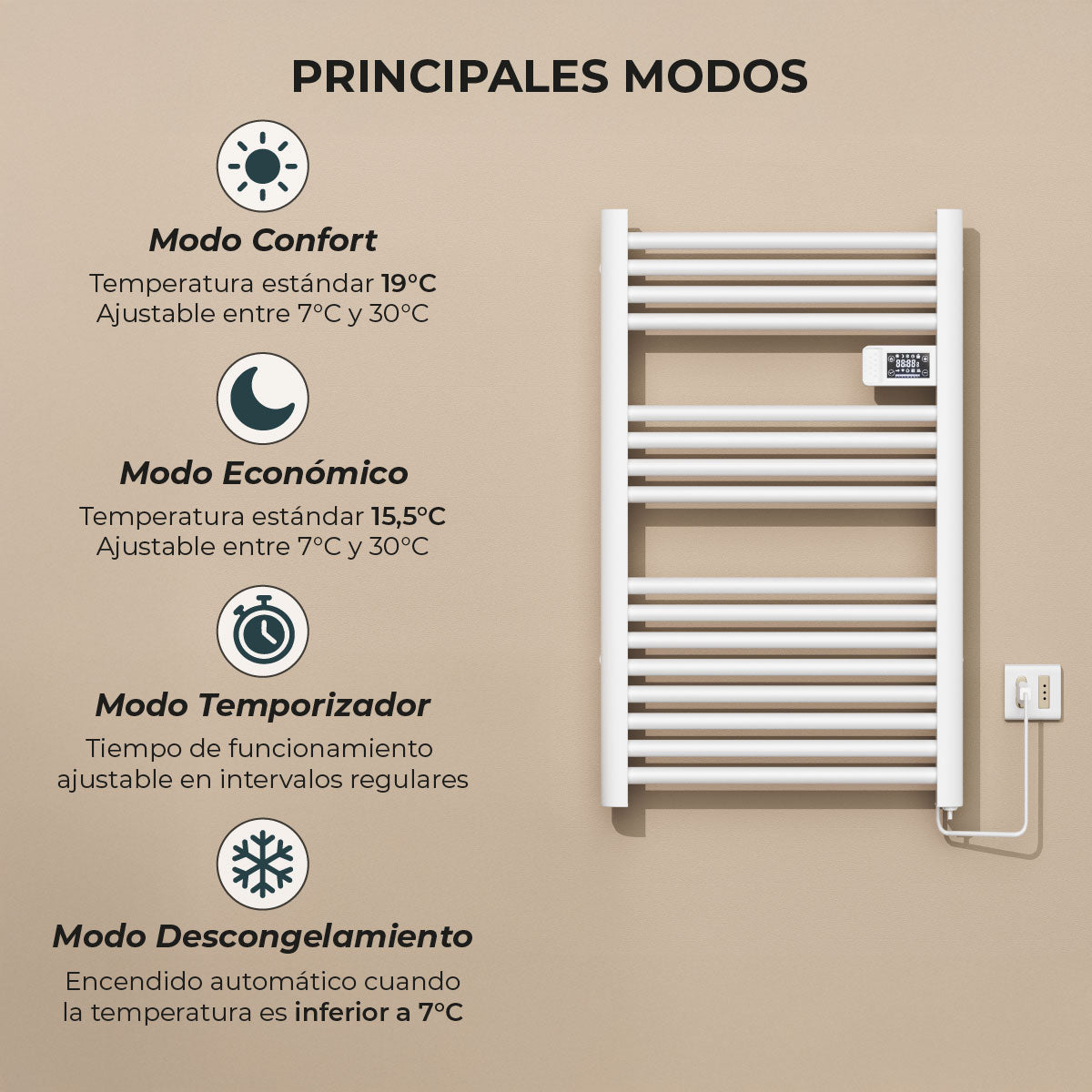 Calefactor Secador de Toallas Eléctrico para Baño Programable 500 w Mural 88x54 cm Vesubio Blanco