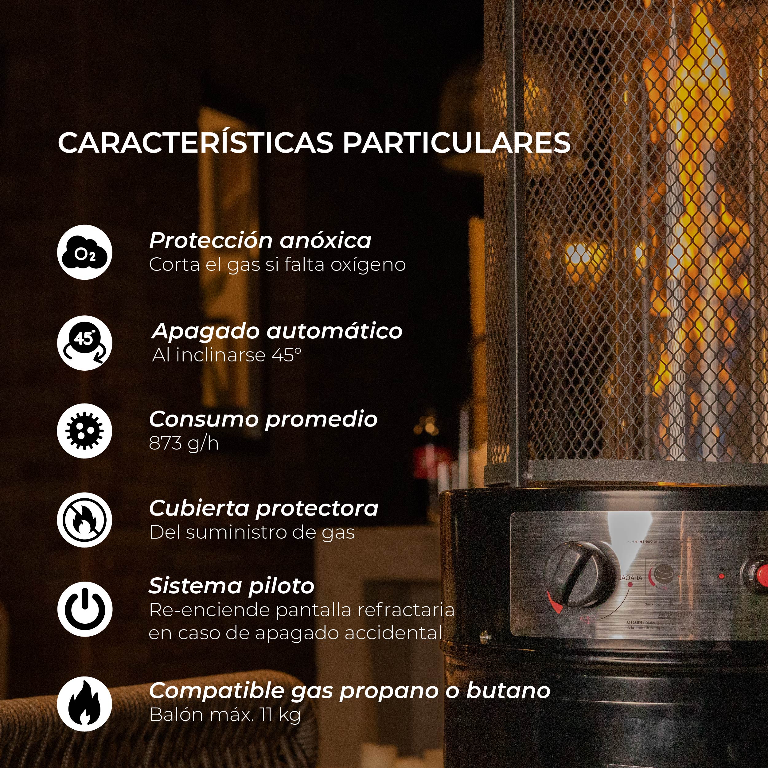 Estufa Exterior Gas  Krom - Negro | Calefactor Gas para Terrazas y Patios