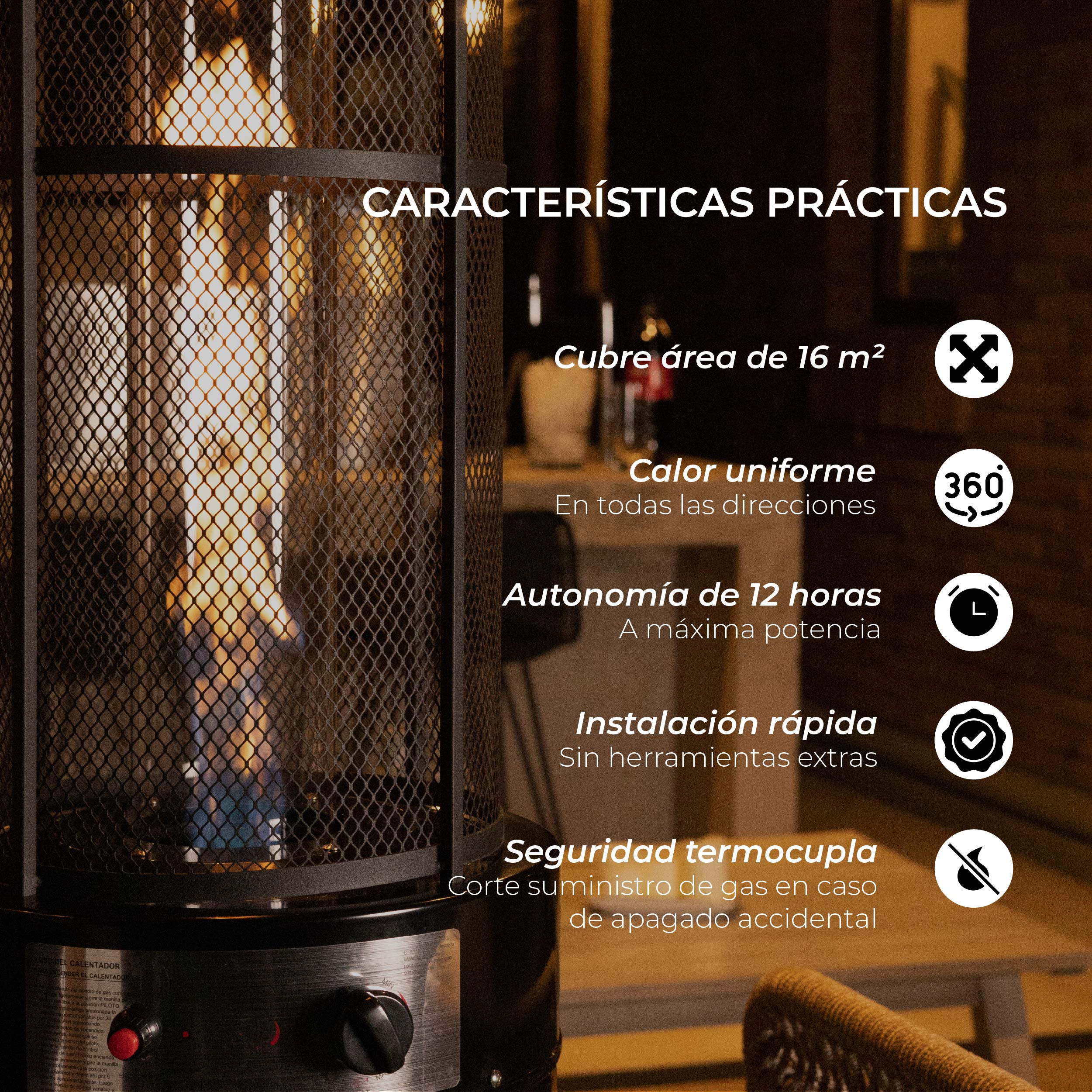 Estufa Exterior Gas  Krom - Negro | Calefactor Gas para Terrazas y Patios