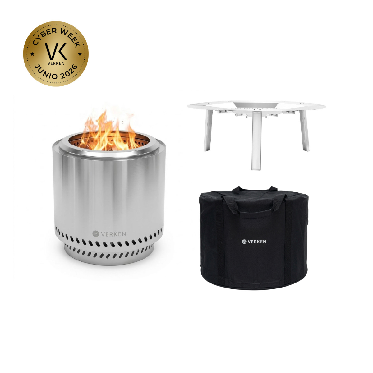 Pack Calor Brasero Sin Humo S 38 cm Plateado + Deflector Calor + Cobertor