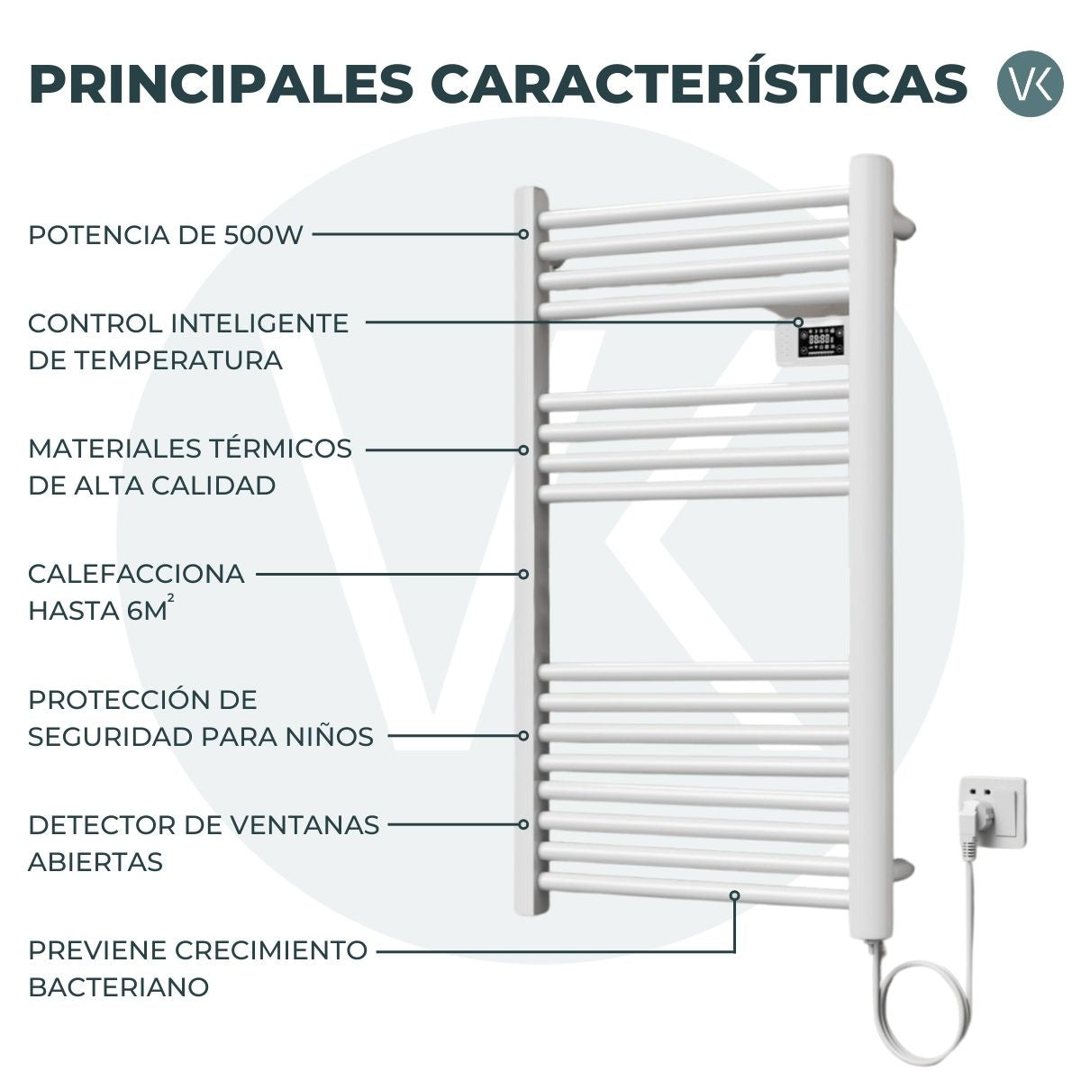 Calefactor Secador de Toallas Programable 500 w Mural 88x54 cm Vesubio Blanco