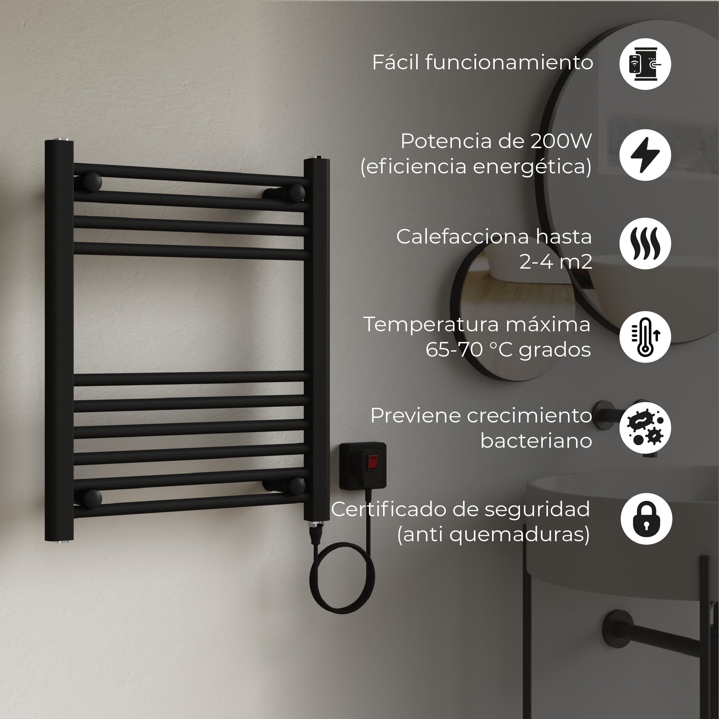 Calefactor Secador de Toallas Eléctrico para Baño 200W Mural 60x50 cm Lipari Negro