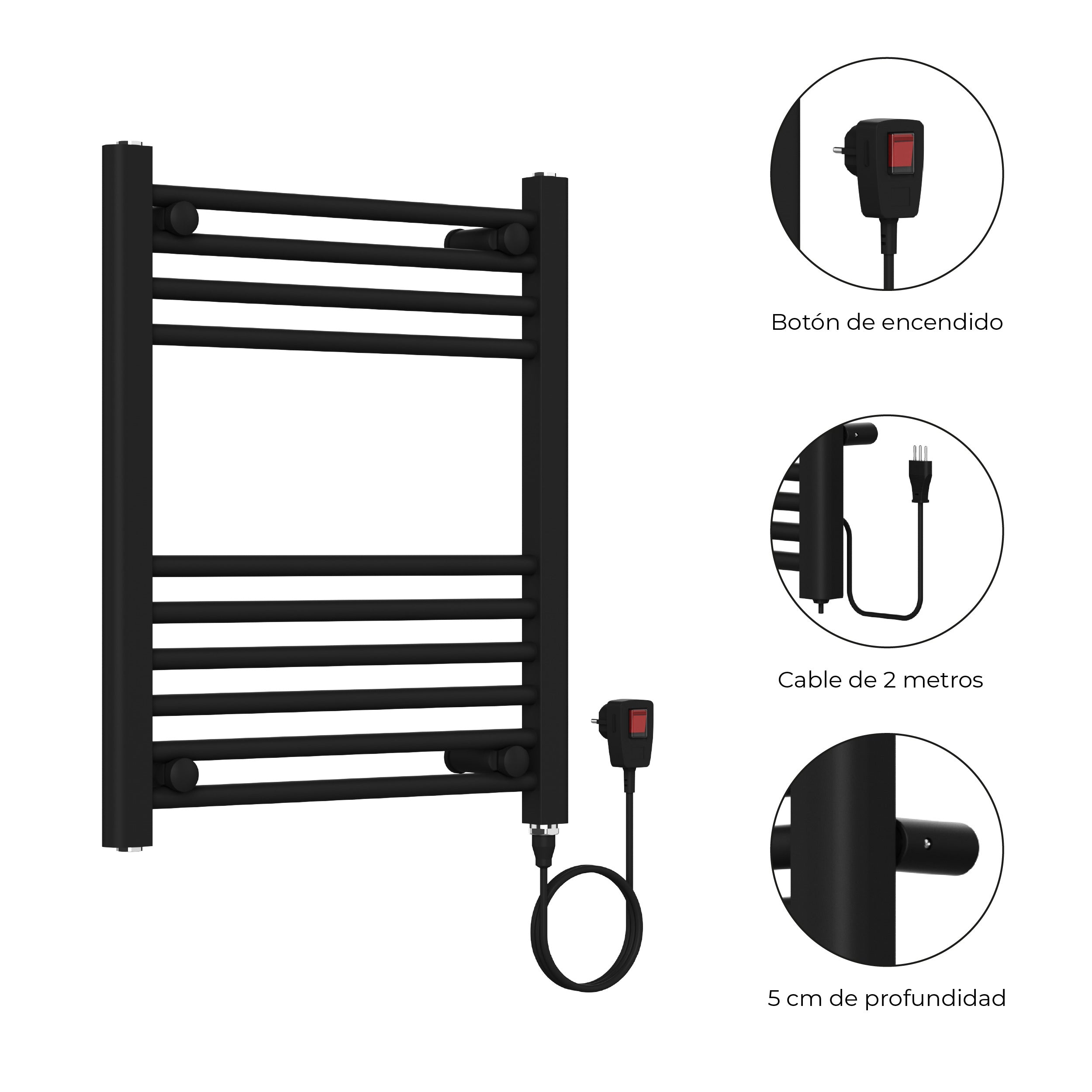 Calefactor Secador de Toallas Eléctrico para Baño 200W Mural 60x50 cm Lipari Negro
