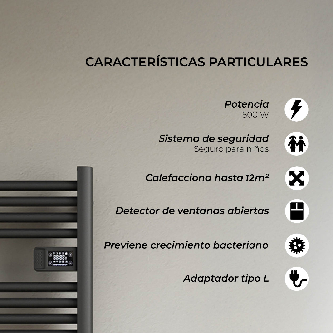 Calefactor Secador de Toallas WIFI Programable 500W Mural 88x54 cm Viglio Negro