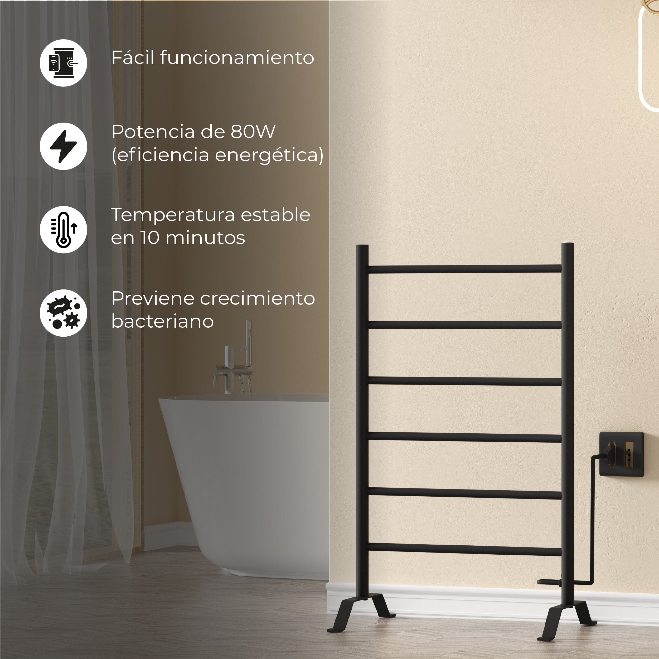 Calefactor Secador de Toallas Eléctrico para Baño 80W Pedestal 70x45 cm Vico Negro