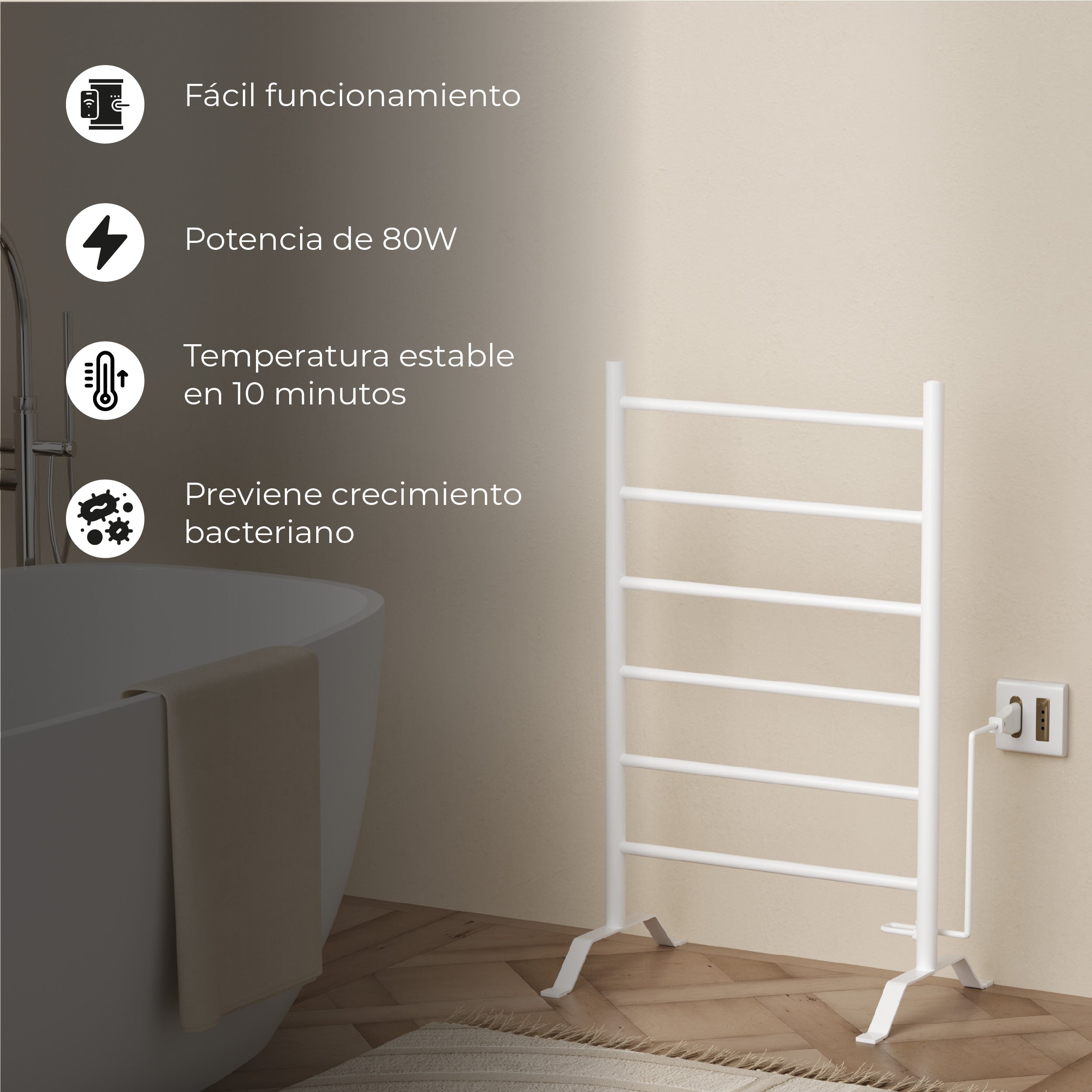 Calefactor Secador de Toallas Eléctrico para Baño 80W Pedestal 70x45 cm Vico Blanco