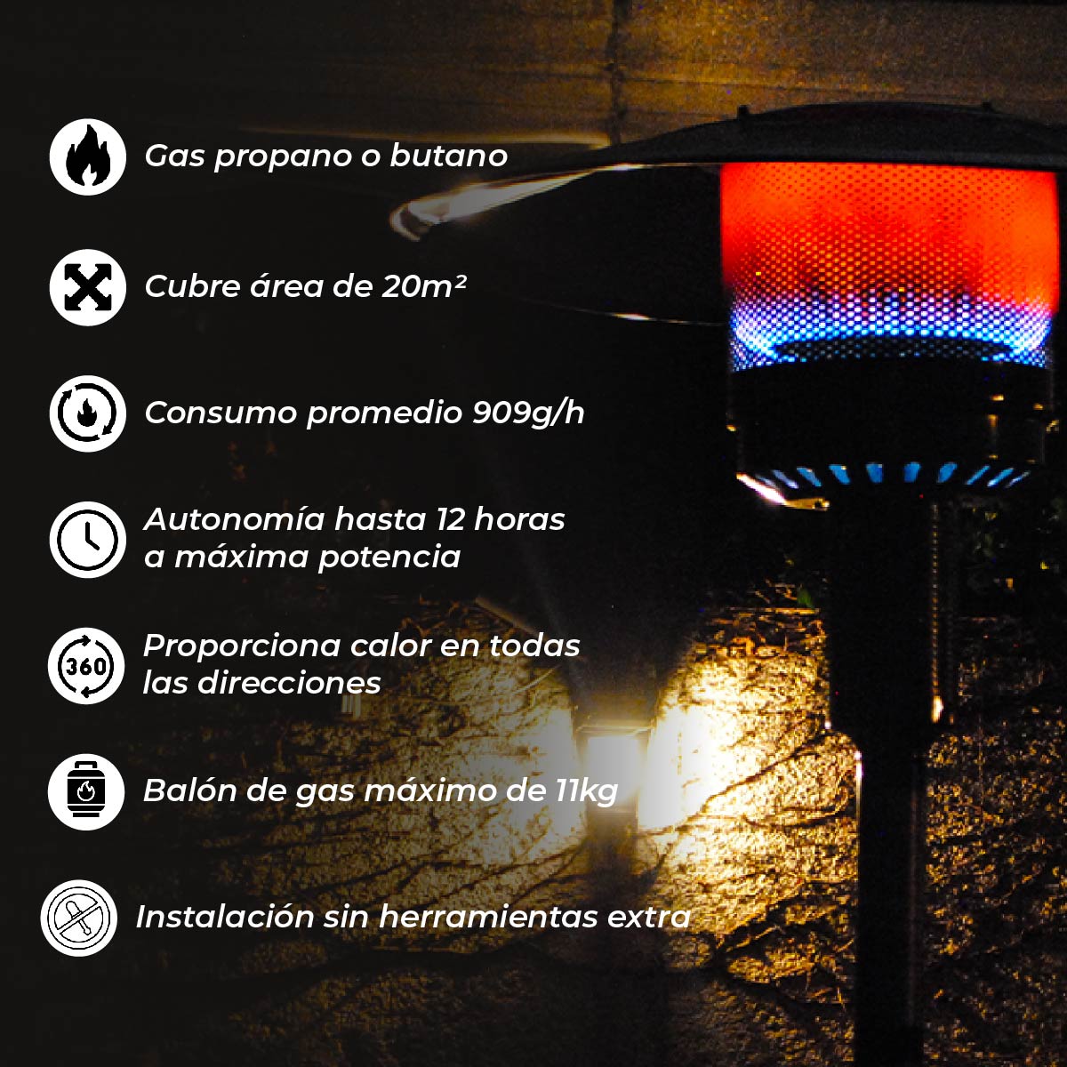 Estufa Exterior Gas Svart Pro - Negro Mate | Calefactor Gas para Terrazas y Patios