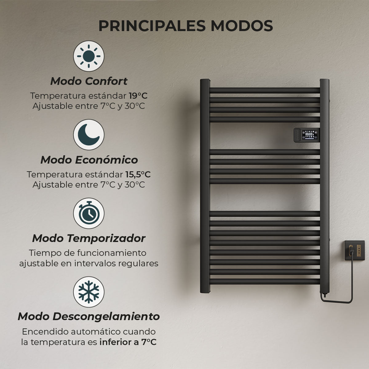 Calefactor Secador de Toallas Eléctrico para Baño Programable 500 w Mural 88x54 cm Vesubio Negro